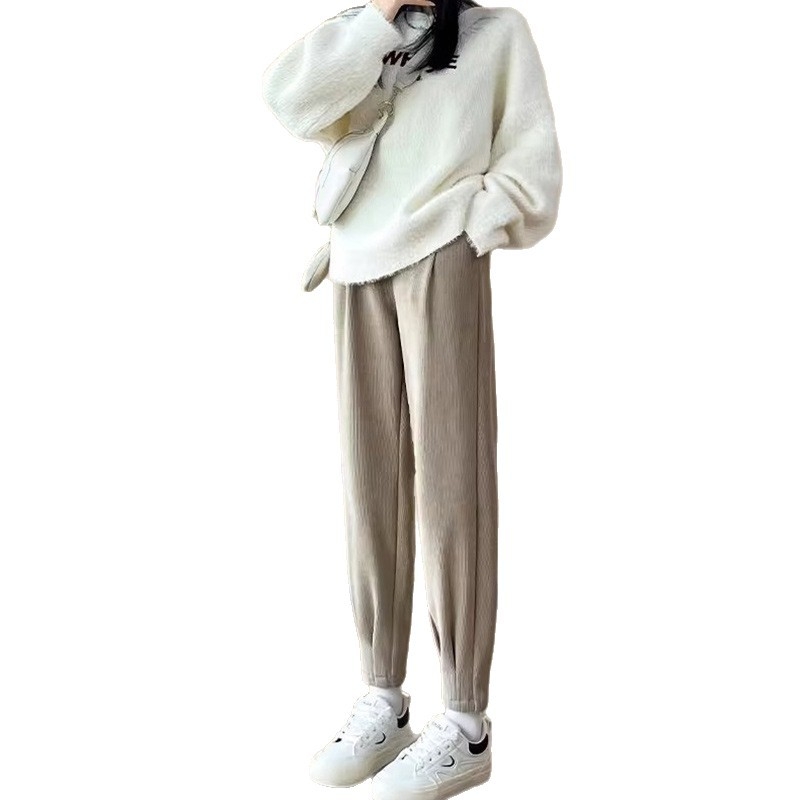 Grūtnieču Chenille bikses ar sānu auklu, brīvs Harem-Carrot stils, bieza fleece iekšpuse, pavasaris–rudens