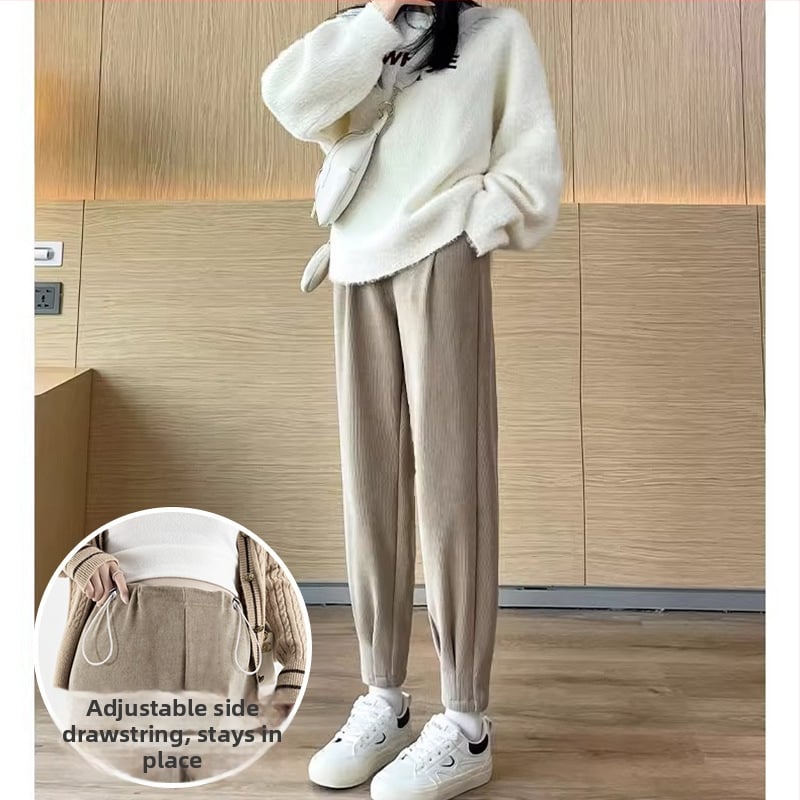 Grūtnieču Chenille bikses ar sānu auklu, brīvs Harem-Carrot stils, bieza fleece iekšpuse, pavasaris–rudens