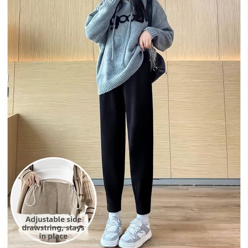 Grūtnieču Chenille bikses ar sānu auklu, brīvs Harem-Carrot stils, bieza fleece iekšpuse, pavasaris–rudens