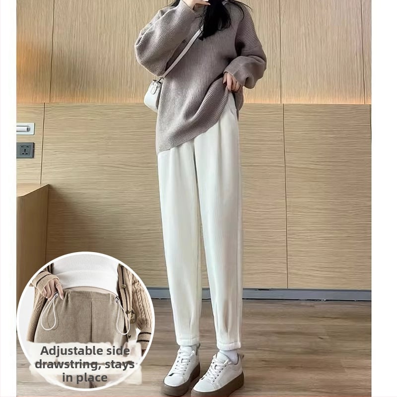 Grūtnieču Chenille bikses ar sānu auklu, brīvs Harem-Carrot stils, bieza fleece iekšpuse, pavasaris–rudens