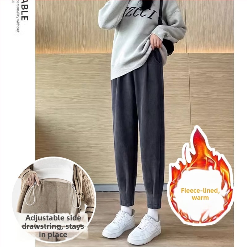 Grūtnieču Chenille bikses ar sānu auklu, brīvs Harem-Carrot stils, bieza fleece iekšpuse, pavasaris–rudens