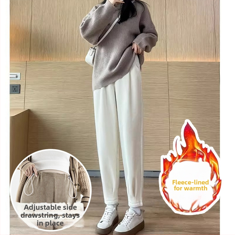 Grūtnieču Chenille bikses ar sānu auklu, brīvs Harem-Carrot stils, bieza fleece iekšpuse, pavasaris–rudens
