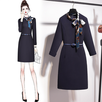 Recepciós professzionális ruha poliészterből, egyszínű, gallér-sálkialakítás, hosszú ujjú, magas derék, ceruza szabás, midi hossz, cipzárral, 2025 tavasz