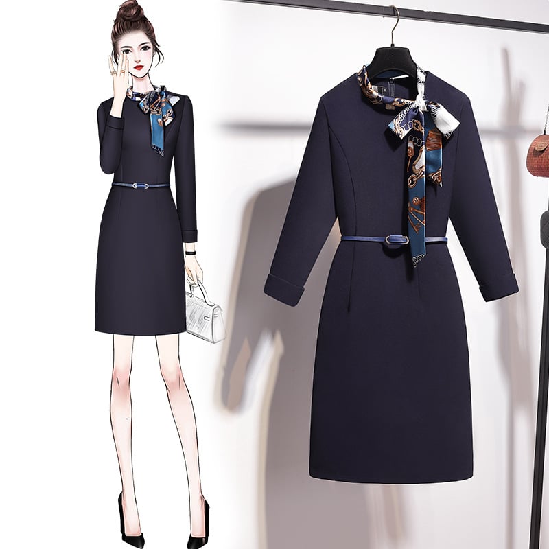 Recepciós professzionális ruha poliészterből, egyszínű, gallér-sálkialakítás, hosszú ujjú, magas derék, ceruza szabás, midi hossz, cipzárral, 2025 tavasz