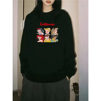 Ženski pamukasti T-shirt s dugim rukavima, široki kroj, anime crtani motiv, srednja duljina