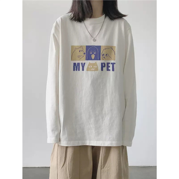 Ženski pamukasti T-shirt s dugim rukavima, široki kroj, anime crtani motiv, srednja duljina