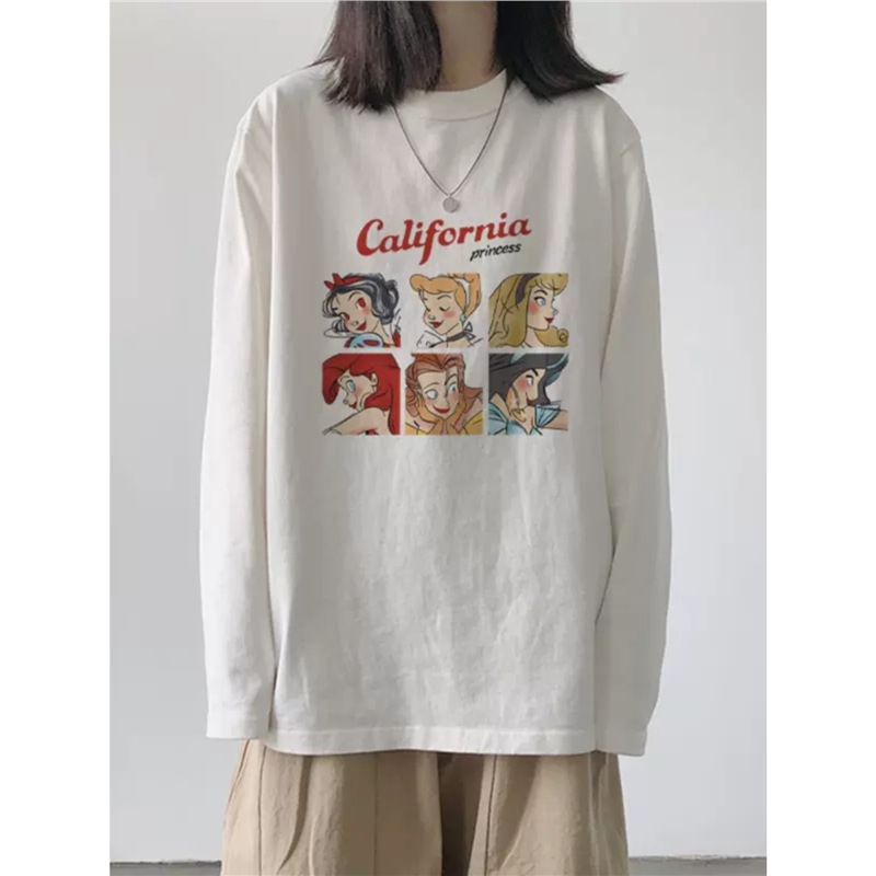 Ženski pamukasti T-shirt s dugim rukavima, široki kroj, anime crtani motiv, srednja duljina