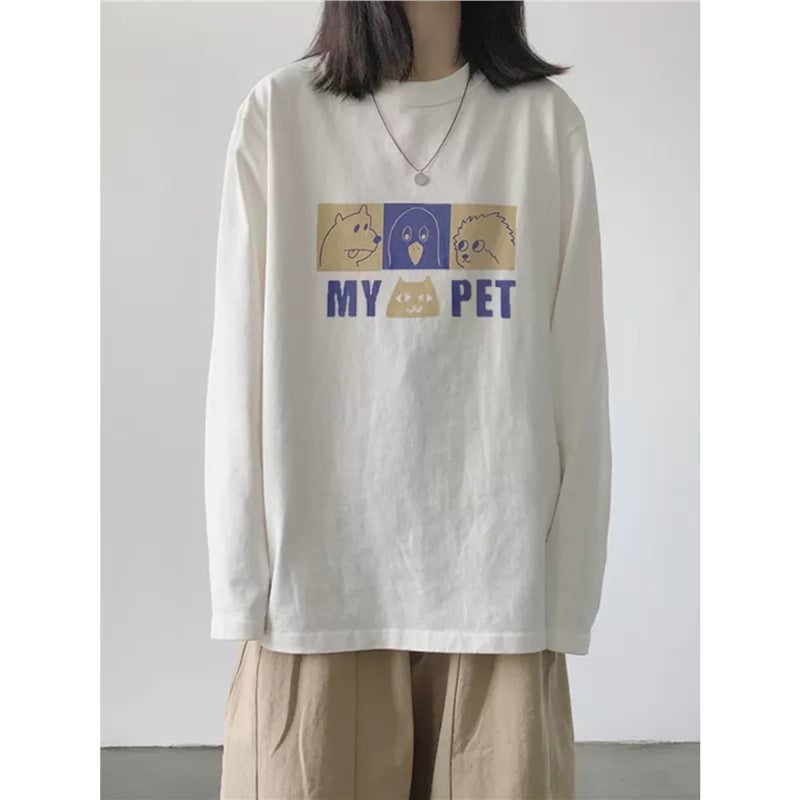 Ženski pamukasti T-shirt s dugim rukavima, široki kroj, anime crtani motiv, srednja duljina