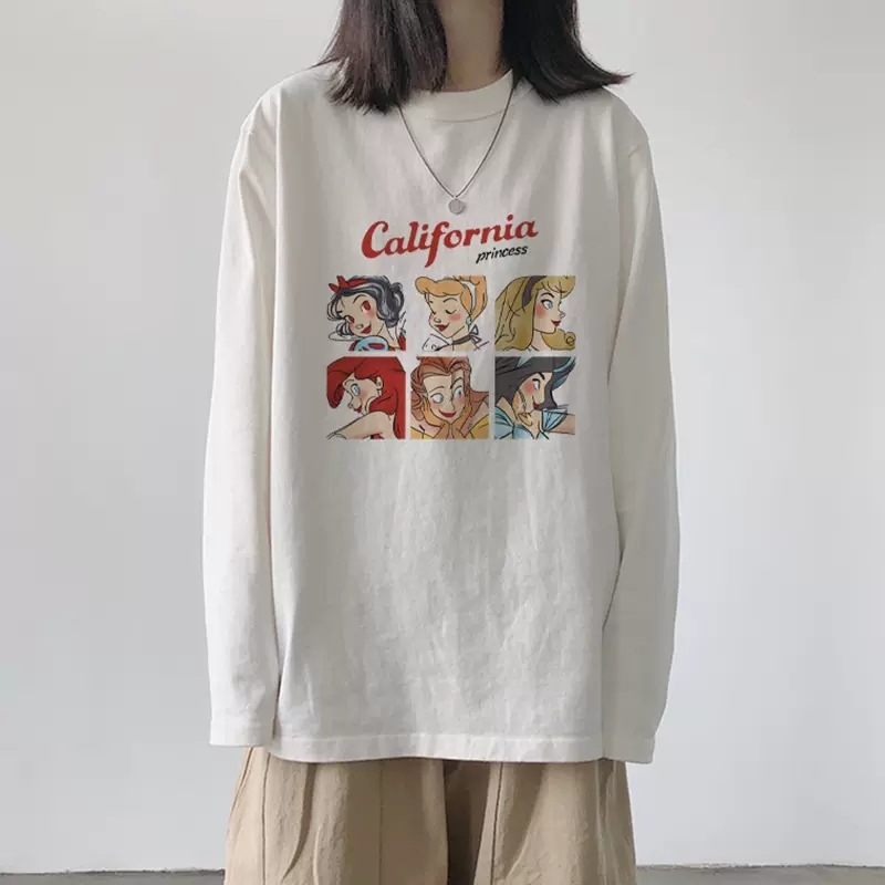 Ženski pamukasti T-shirt s dugim rukavima, široki kroj, anime crtani motiv, srednja duljina