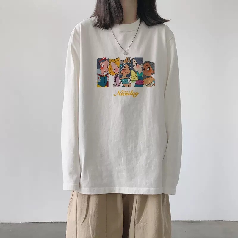 Ženski pamukasti T-shirt s dugim rukavima, široki kroj, anime crtani motiv, srednja duljina