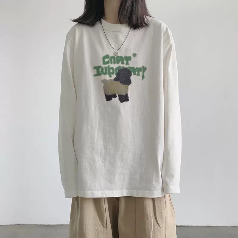 Ženski pamukasti T-shirt s dugim rukavima, široki kroj, anime crtani motiv, srednja duljina
