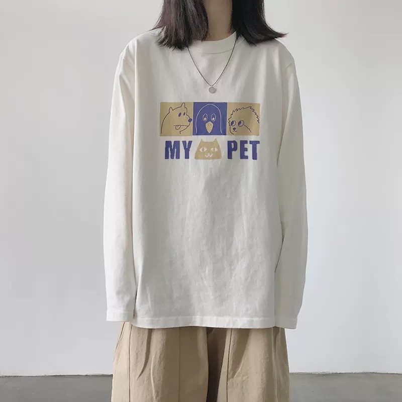 Ženski pamukasti T-shirt s dugim rukavima, široki kroj, anime crtani motiv, srednja duljina