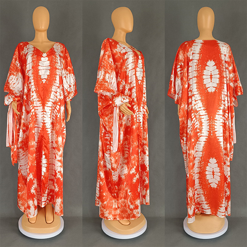 Geometriai mintás szatén-selyemruha, retro stílus, V-nyak, hosszú raglán ujjak, laza derék