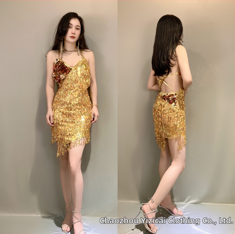 Latīņu deju kleita ar pailletēm, atklāta mugura, spīdīgs poliesters – skatuves kostīms