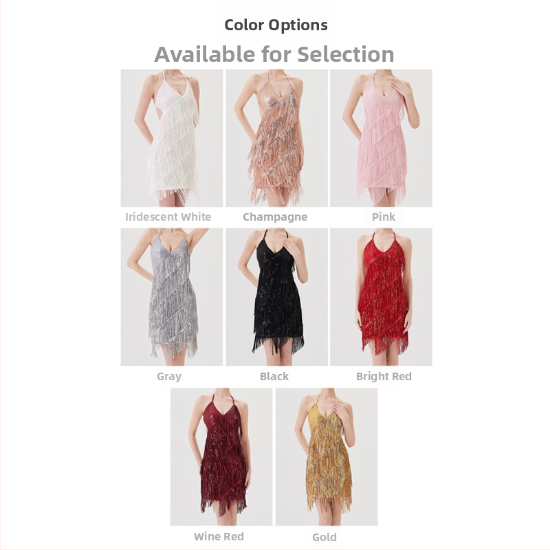 Elegantný latinský tanečný tréningový set pre ženy — elegantný komplet so sukňou s strapcami a vyšívaným dizajnom, materiál: polyester (>95%), triacetát (>95%), leto 2025