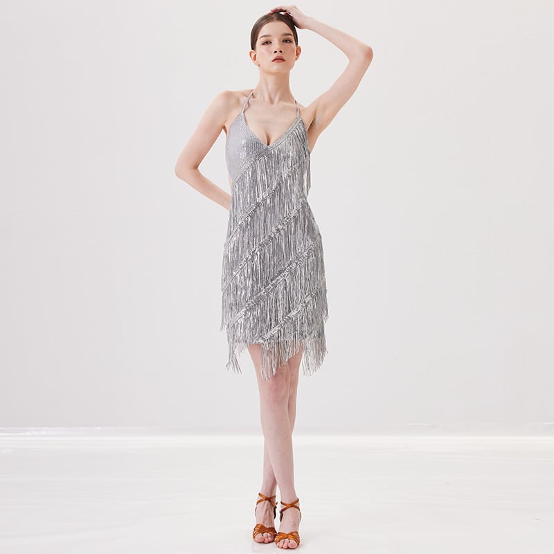 Elegantne Latīņu deju treeningkomplekt naistele — õmmeldud seelikuga komplekt, materjal: polüester (>95%), triacetaat (>95%), suvi 2025