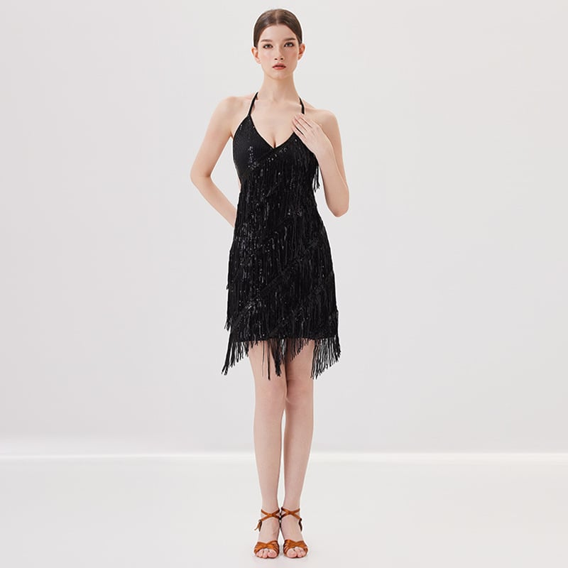 Elegantne Latīņu deju treeningkomplekt naistele — õmmeldud seelikuga komplekt, materjal: polüester (>95%), triacetaat (>95%), suvi 2025