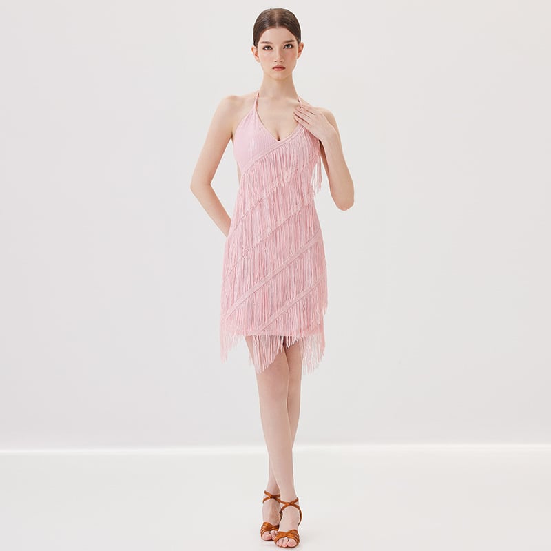 Elegantne Latīņu deju treeningkomplekt naistele — õmmeldud seelikuga komplekt, materjal: polüester (>95%), triacetaat (>95%), suvi 2025