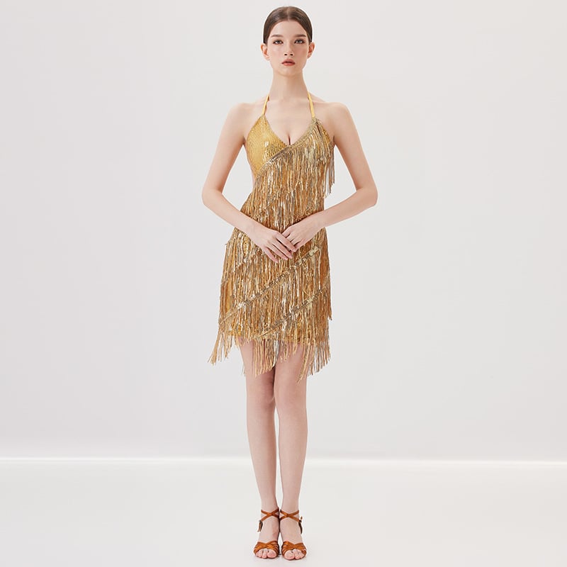 Elegantne Latīņu deju treeningkomplekt naistele — õmmeldud seelikuga komplekt, materjal: polüester (>95%), triacetaat (>95%), suvi 2025