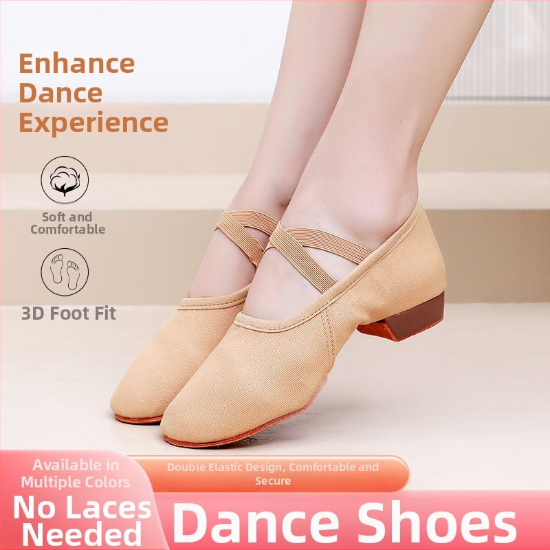 Pantofi de dans pentru femei, tocuri de 2 cm – partea superioară din pânză, talpă din tendoane de vițel, ușori, pentru balet, dans modern și latino, toate sezoanele