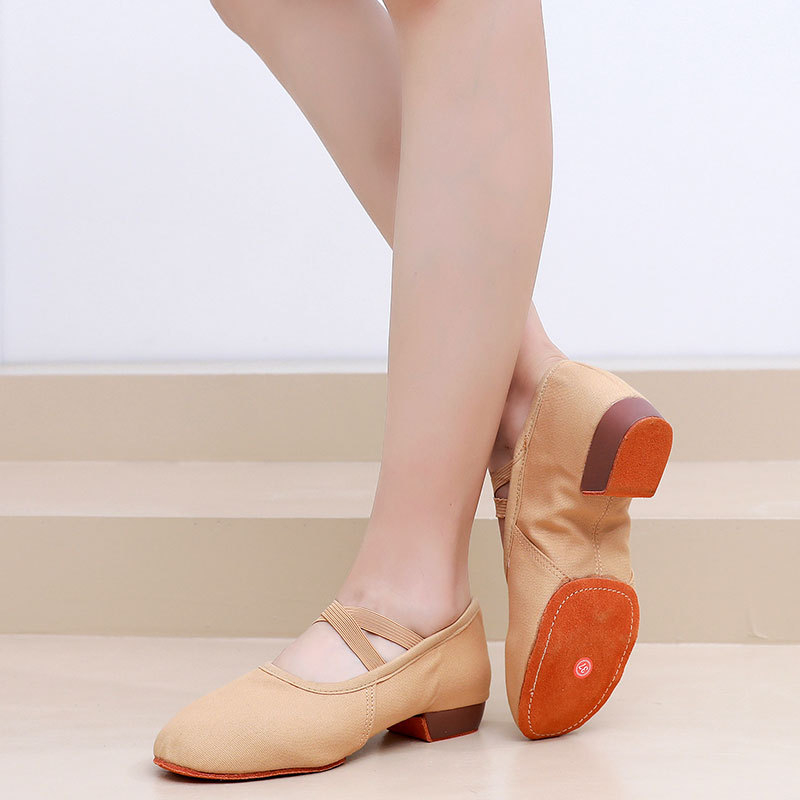 Pantofi de dans pentru femei, tocuri de 2 cm – partea superioară din pânză, talpă din tendoane de vițel, ușori, pentru balet, dans modern și latino, toate sezoanele