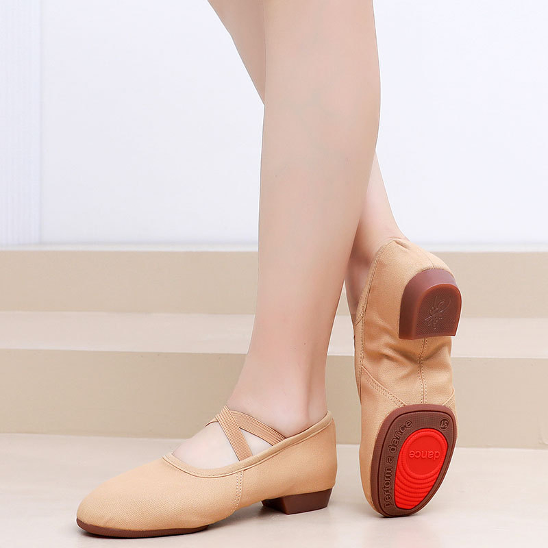 Pantofi de dans pentru femei, tocuri de 2 cm – partea superioară din pânză, talpă din tendoane de vițel, ușori, pentru balet, dans modern și latino, toate sezoanele