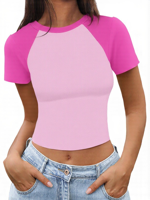 Ženski T-shirt s kratkim rukavima i blokovima boja, chenille tkanina, uski kroj, cropped top, okrugli izrez, ljeto