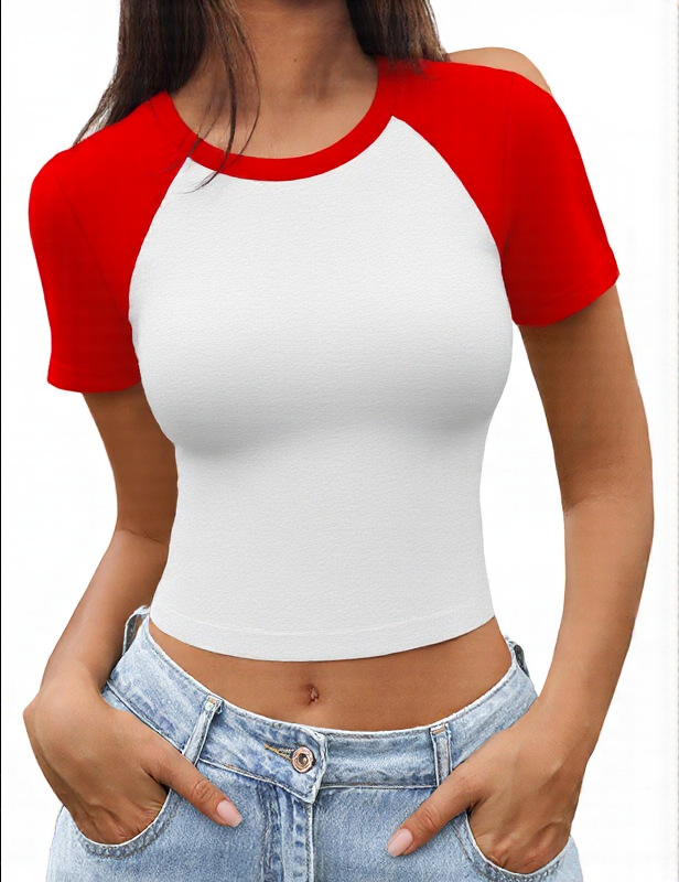 Ženski T-shirt s kratkim rukavima i blokovima boja, chenille tkanina, uski kroj, cropped top, okrugli izrez, ljeto