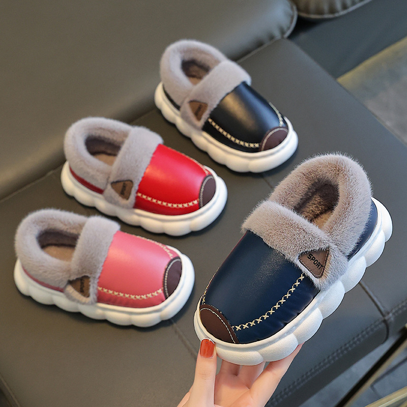 Bērnu ziemas iekšējās kurpes no PU ādas, ūdensnecaurlaidīgas — PU augšējā daļa, TPR zole, biezinātas, vienkrāsains raksts