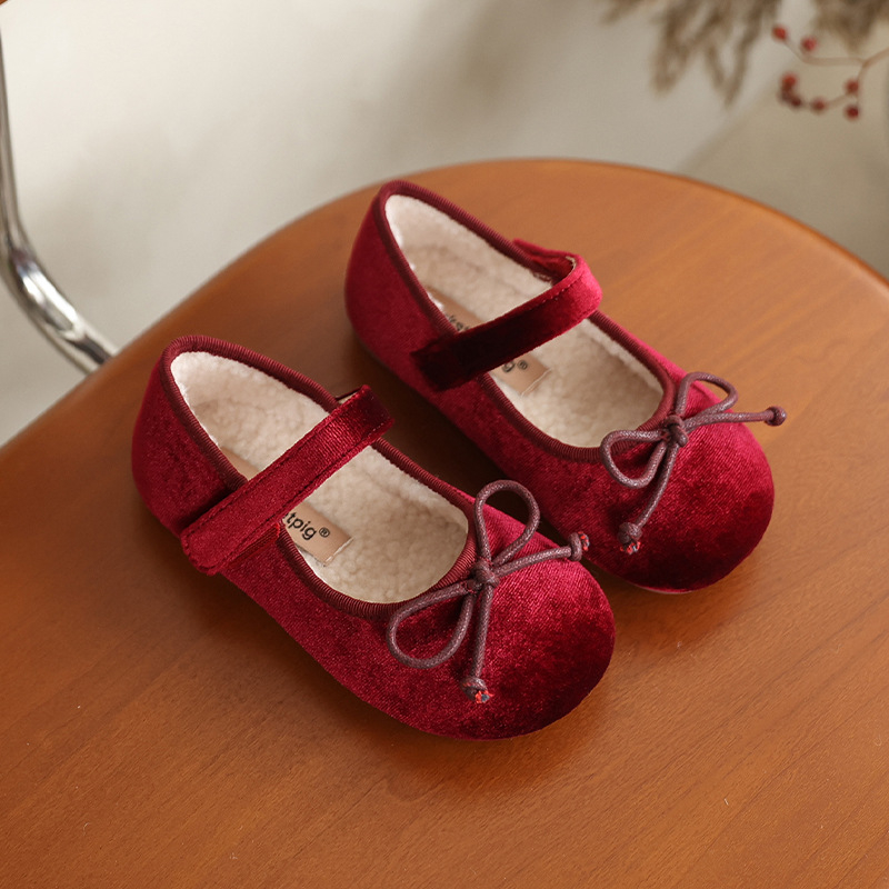 Bērnu samta kurpītes ar bantīti, korejiešu stilā, Velcro aizdare, flīša oderējums