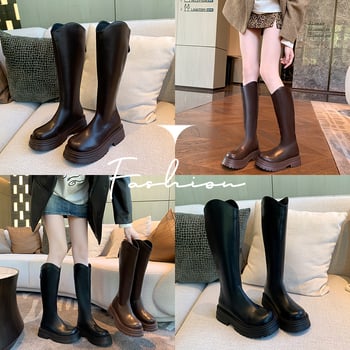 Cizme de damă tip cavaler, cu partea superioară din PU, talpă din cauciuc, gambă înaltă, toc gros 3-5 cm, închidere cu fermoar pe spate.