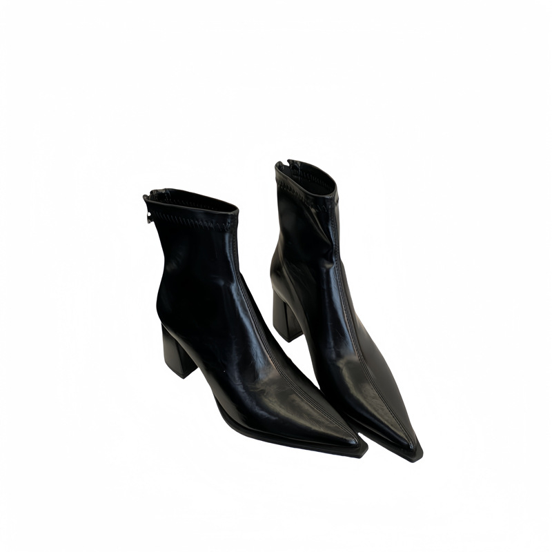 Moterų trumpi batai su smailiu nosimi ir užtrauktuku nugaroje, PU viršus, guma padas, 6–8 cm storas kulnas, rudens-žiemos 2025