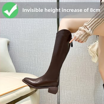 Moterų riteriniai batai su aukštu vamzdeliu - dviejų sluoksnių jautienos odos vampas, odinis įdėklas, guminė padas, vidinis pakilimo kulnas 3–5 cm, smailus pirštas