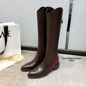 Moterų riteriniai batai su aukštu vamzdeliu - dviejų sluoksnių jautienos odos vampas, odinis įdėklas, guminė padas, vidinis pakilimo kulnas 3–5 cm, smailus pirštas