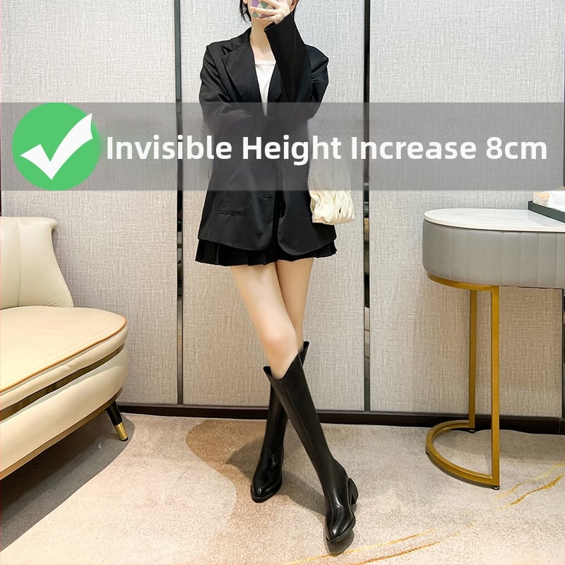 Moterų riteriniai batai su aukštu vamzdeliu - dviejų sluoksnių jautienos odos vampas, odinis įdėklas, guminė padas, vidinis pakilimo kulnas 3–5 cm, smailus pirštas