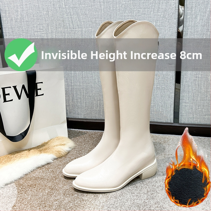 Moterų riteriniai batai su aukštu vamzdeliu - dviejų sluoksnių jautienos odos vampas, odinis įdėklas, guminė padas, vidinis pakilimo kulnas 3–5 cm, smailus pirštas