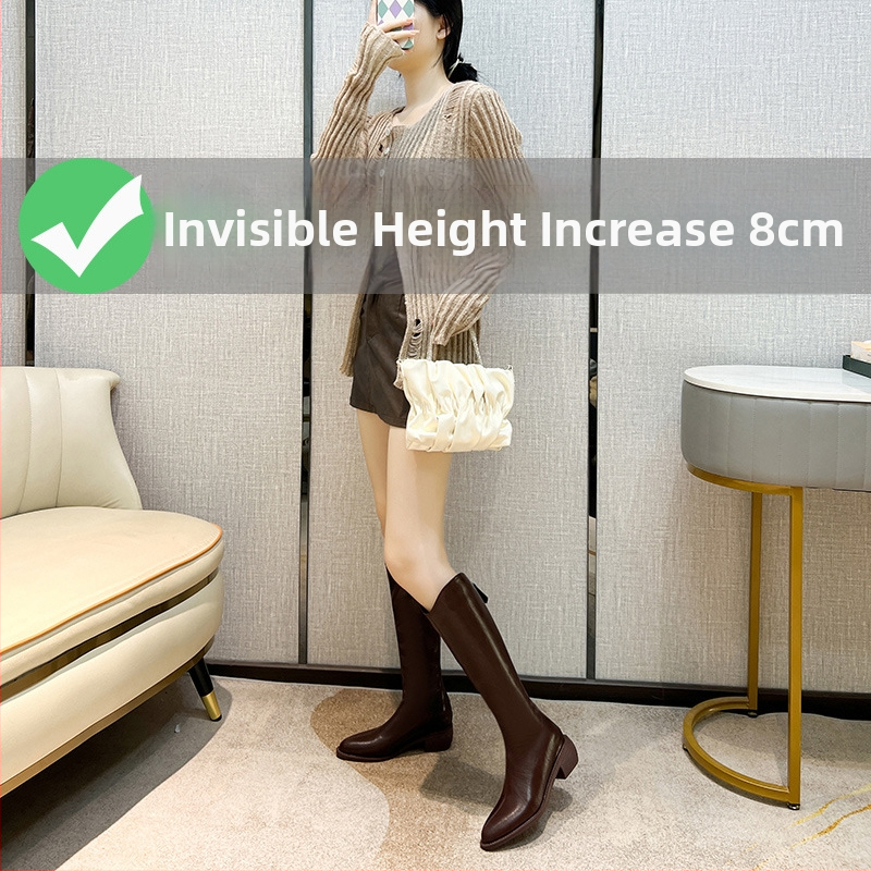 Moterų riteriniai batai su aukštu vamzdeliu - dviejų sluoksnių jautienos odos vampas, odinis įdėklas, guminė padas, vidinis pakilimo kulnas 3–5 cm, smailus pirštas