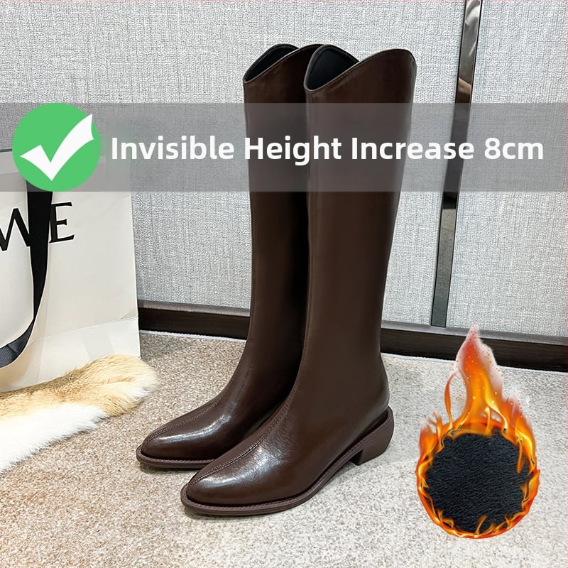 Moterų riteriniai batai su aukštu vamzdeliu - dviejų sluoksnių jautienos odos vampas, odinis įdėklas, guminė padas, vidinis pakilimo kulnas 3–5 cm, smailus pirštas