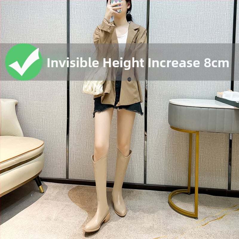 Moterų riteriniai batai su aukštu vamzdeliu - dviejų sluoksnių jautienos odos vampas, odinis įdėklas, guminė padas, vidinis pakilimo kulnas 3–5 cm, smailus pirštas