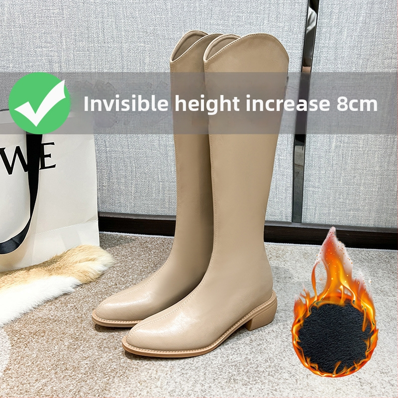 Moterų riteriniai batai su aukštu vamzdeliu - dviejų sluoksnių jautienos odos vampas, odinis įdėklas, guminė padas, vidinis pakilimo kulnas 3–5 cm, smailus pirštas