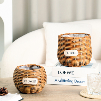 Ratan lonac za cvijeće, pleteni koš za biljke, namijenjen za stol ili pod, jednostavnog stila; pogodan za ured, dom i projekte zelene.