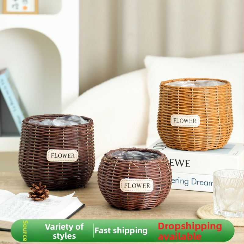 Ratan lonac za cvijeće, pleteni koš za biljke, namijenjen za stol ili pod, jednostavnog stila; pogodan za ured, dom i projekte zelene.