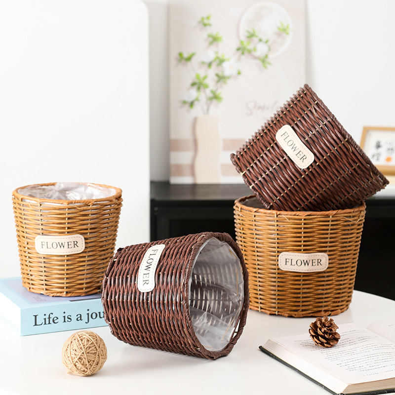 Ratan lonac za cvijeće, pleteni koš za biljke, namijenjen za stol ili pod, jednostavnog stila; pogodan za ured, dom i projekte zelene.