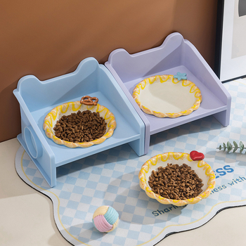 Paaugstināts keramikas kaķu bļodas statīvs ar adīta maliņu, 3D dizains, pret apgāšanos