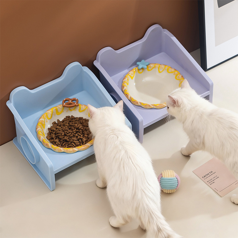 Paaugstināts keramikas kaķu bļodas statīvs ar adīta maliņu, 3D dizains, pret apgāšanos