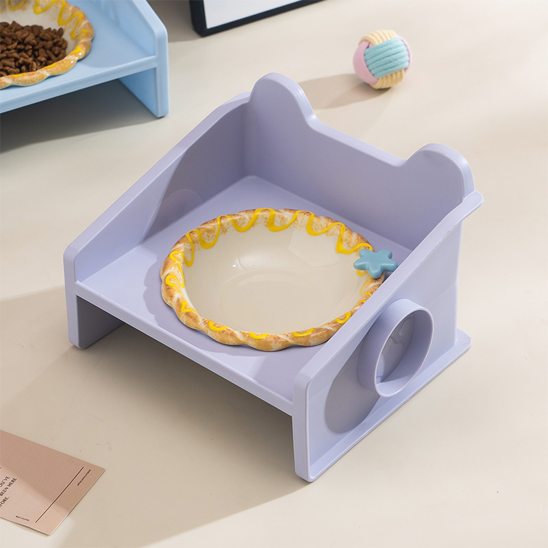 Paaugstināts keramikas kaķu bļodas statīvs ar adīta maliņu, 3D dizains, pret apgāšanos