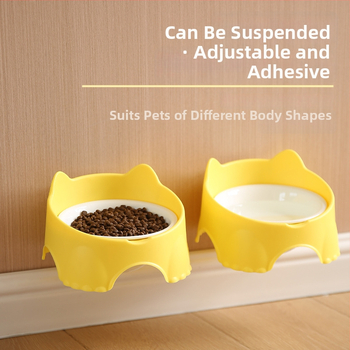 Sienā piestiprināms kaķu barošanas trauks, plastmasas pamatne ar keramisku vai nerūsējošā tērauda bļodu, telpām draudzīgs dizains