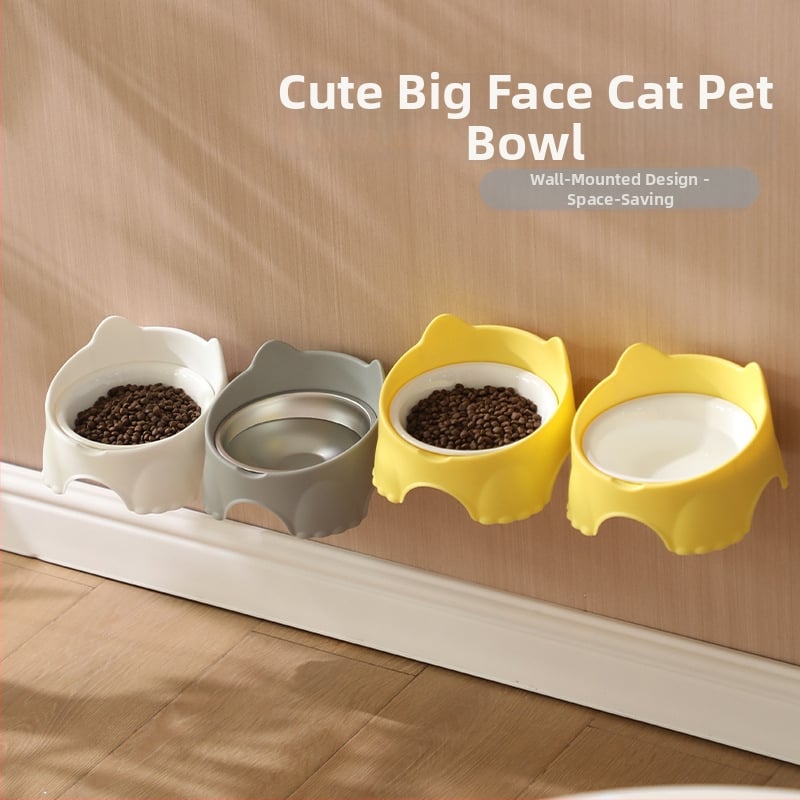 Sienā piestiprināms kaķu barošanas trauks, plastmasas pamatne ar keramisku vai nerūsējošā tērauda bļodu, telpām draudzīgs dizains