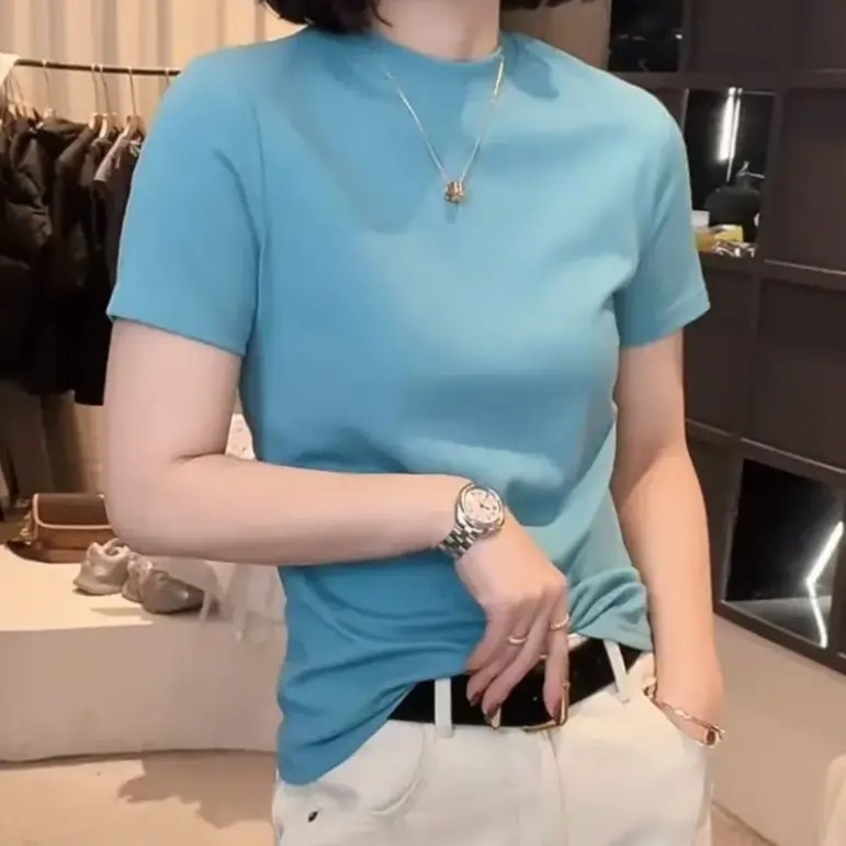 T-krekls no Chenille auduma ar Spandexu, īsi piedurknes, apaļš kakls, pavasaris 2025