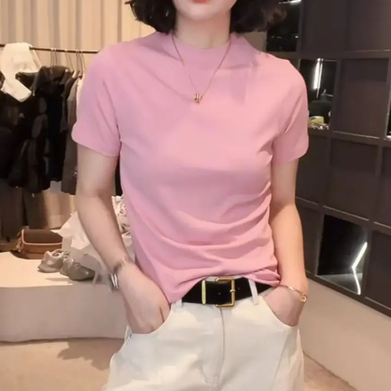 T-krekls no Chenille auduma ar Spandexu, īsi piedurknes, apaļš kakls, pavasaris 2025